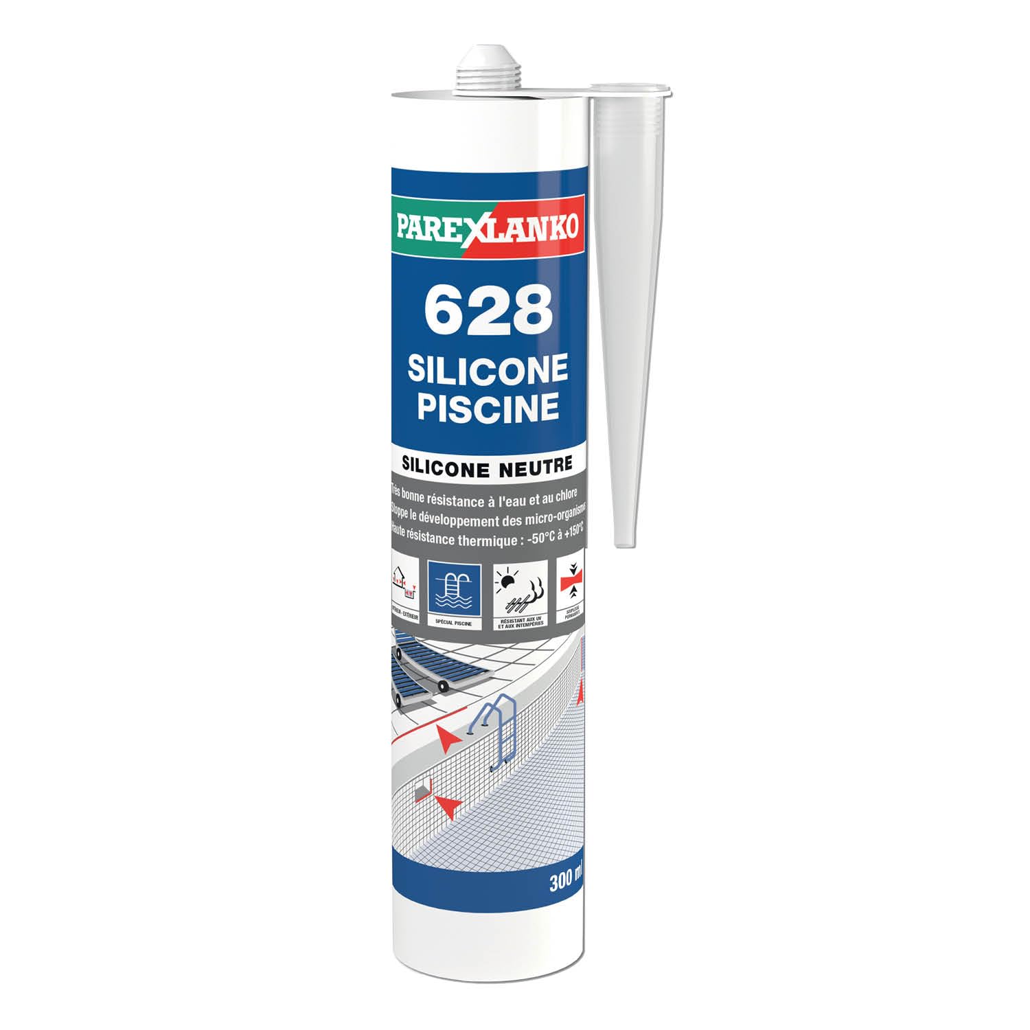 PAREXLANKO - Mastic silicone piscine - 628 Silicone Piscine Gris - Réalisation de joint en immersion permanente (piscines, hammams, bassins...) - Résistance au chlore et à l’eau de mer - 300ml