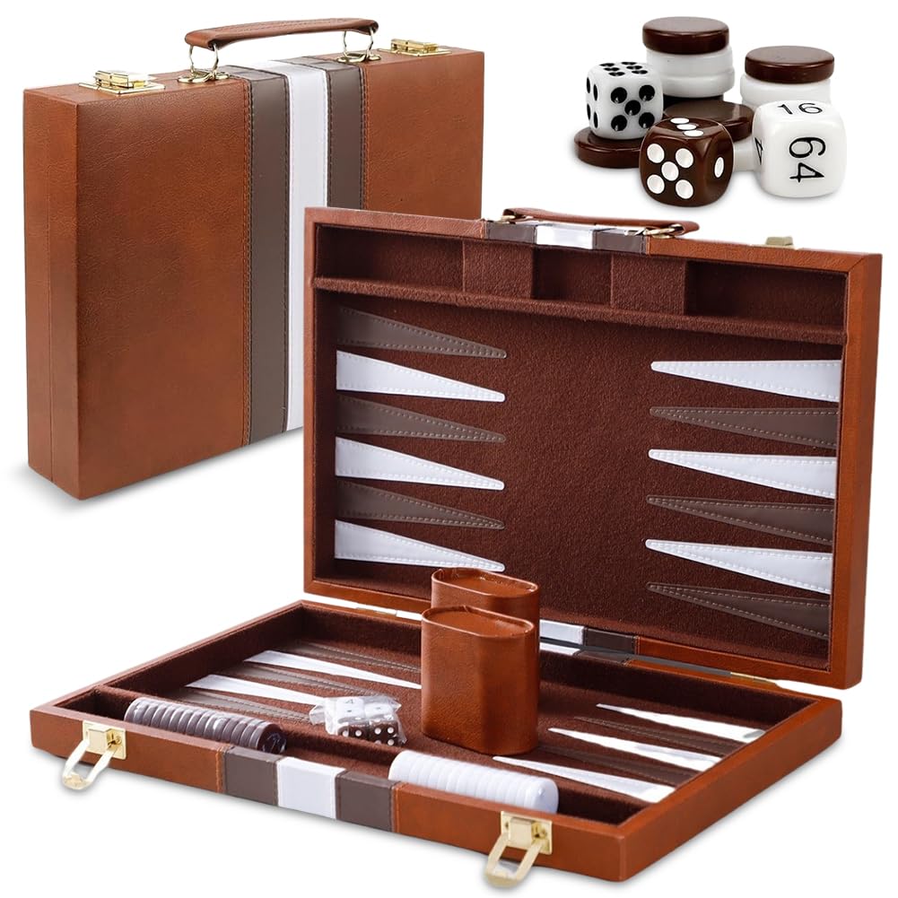 Backgammon Game Set, Backgammon Wood, Backgammon Board Game, Travel Backgammon for Rolling, Board Game with Leather Case with Dice Cup, Board Game with Faux Leather Case for Adults