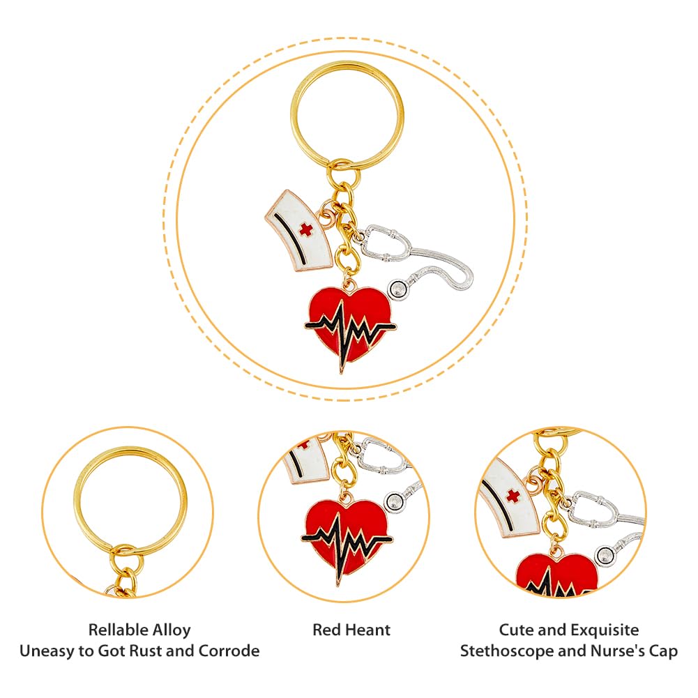16 Set Portachiavi Infermiera con 2 Portachiavi Stile e Cartellini dei Prezzi in Carta Kraft e Sacchetti Regalo in Organza Battito Cardiaco Stetoscopio Cappelli da Infermiera Ciondolo per