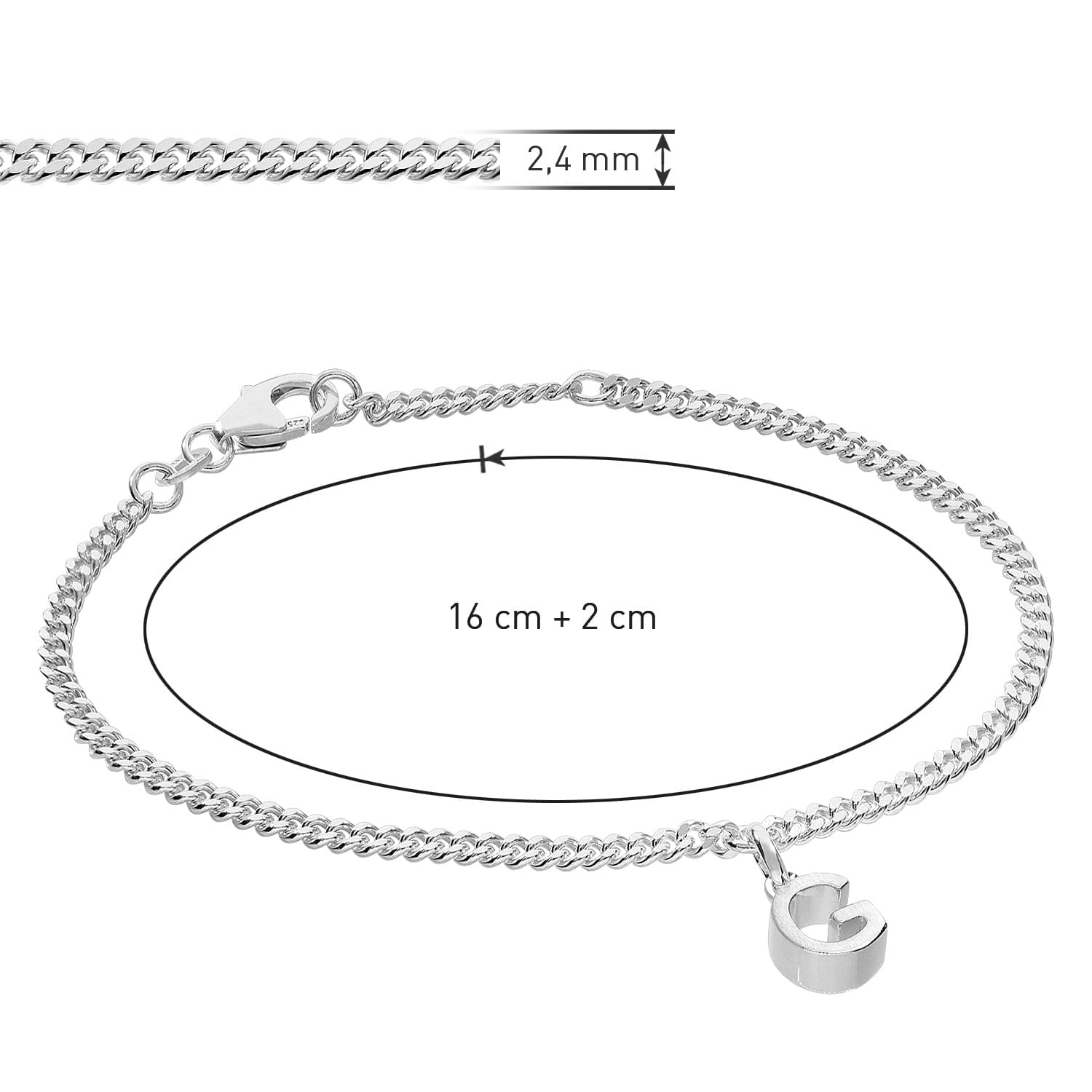 trendor Bracciale da ragazza con lettera G, argento 925, rodiato, 21590-G | Bracciale a maglia piatta con taglio a diamante, elegante bracciale per giovani donne,