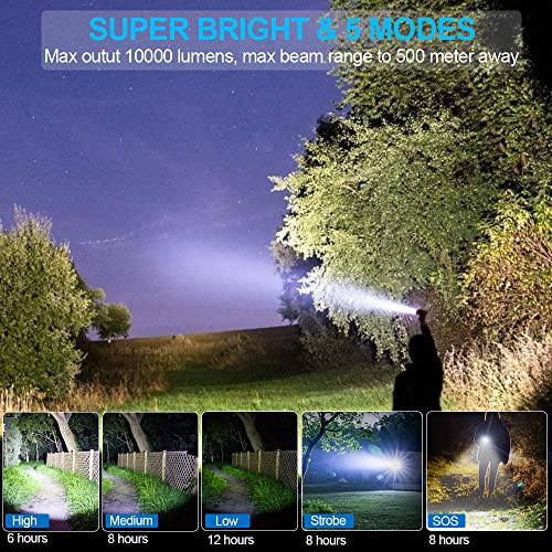 Rechargeable Flashlight, 10000 High Lumen Tactical Flashlight (No Battery), Ipx7 Waterproof, Zoomable, 5 Modes Handheld Flashlights For Camping Dog Walking Emergency 2 Pack #TOP1