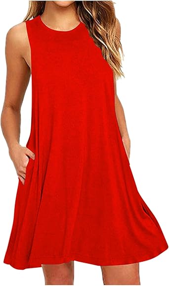 Womens Tank Dresses Fashion Solid Color Sleeveless Crewneck Loose Comfy Mini Dress Summer Beach Casual Sundress