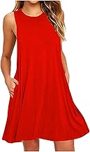 Sun Dresses for Women UK Sale Clearance Sleeveless Crewneck Summer Beach Dress with Pockets Loose Casual Sundress Oversized T Shirt Tank Dresses Ladies Short Midi Sundresses