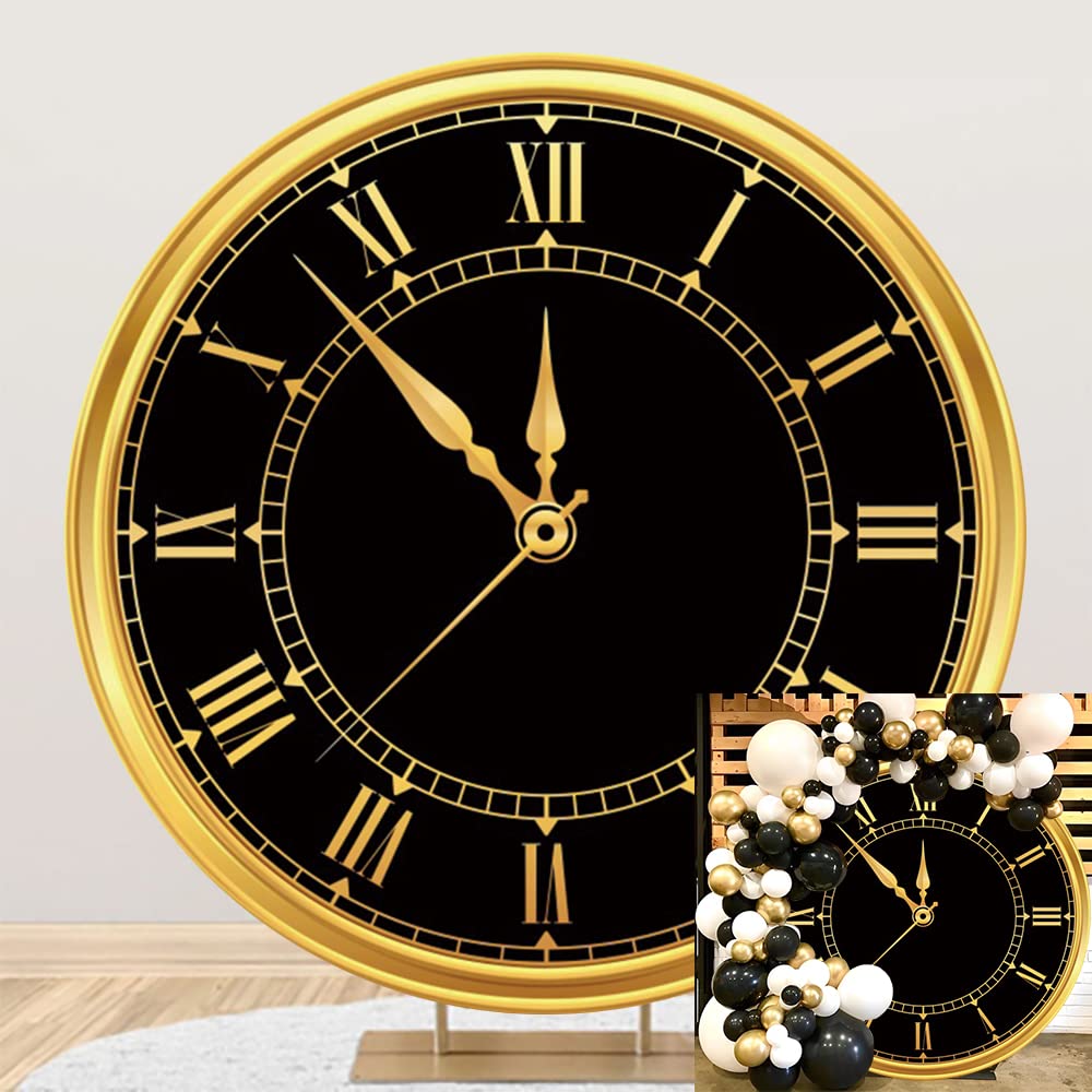 DORCEV Polyester 5x5ft 2026 Happy New Year Round Backdrop Cover Luxury Black and Gold Clock Photography Background for New Year Eve Party New Year's