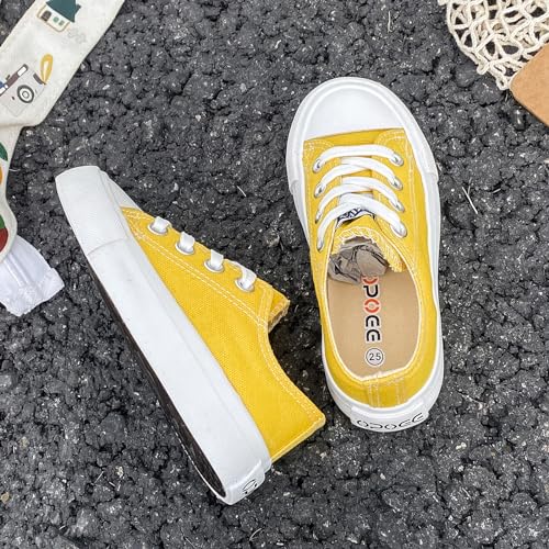 Girls and Boys Low Top Comfortable Canvas Kids Lace up Sneakers Yellow4