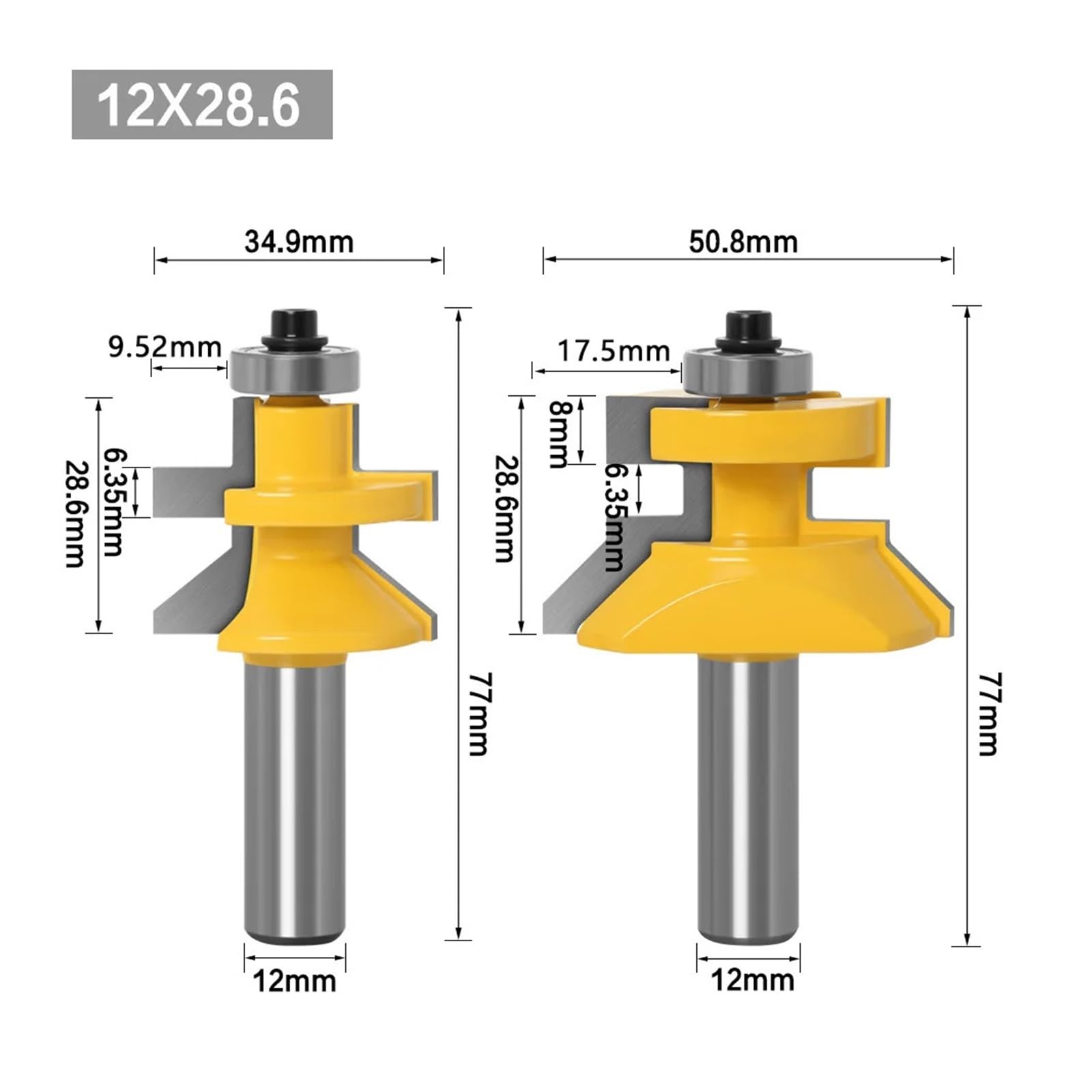 Zestaw 2 frezów trzpieniowych 1/2" 12,7 mm do rzeźbienia w drewnie, z rowkiem w kształcie litery V i dopasowanym językiem, z łożyskami kulkowymi premium, do obróbki drewna(12x28.6)