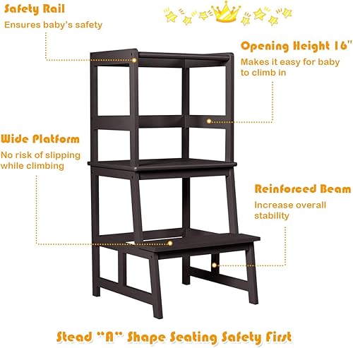 Miniatura 2 de Costzon Taburete de cocina para niños con riel de seguridad, taburete de cocina para niños pequeños con construcción de bambú macizo, soporte para