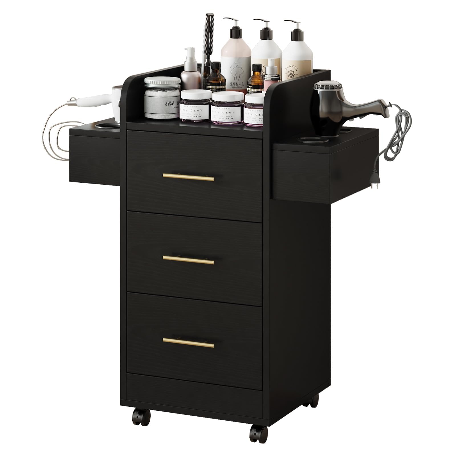 Beauty Salon Station for Hair Stylist, Salon Station Storage Cabinet with Wheels & Black Gold Handle, Rolling Beauty Station with 3 Drawers & 6 Hair Dryer Holders, Black-image-18