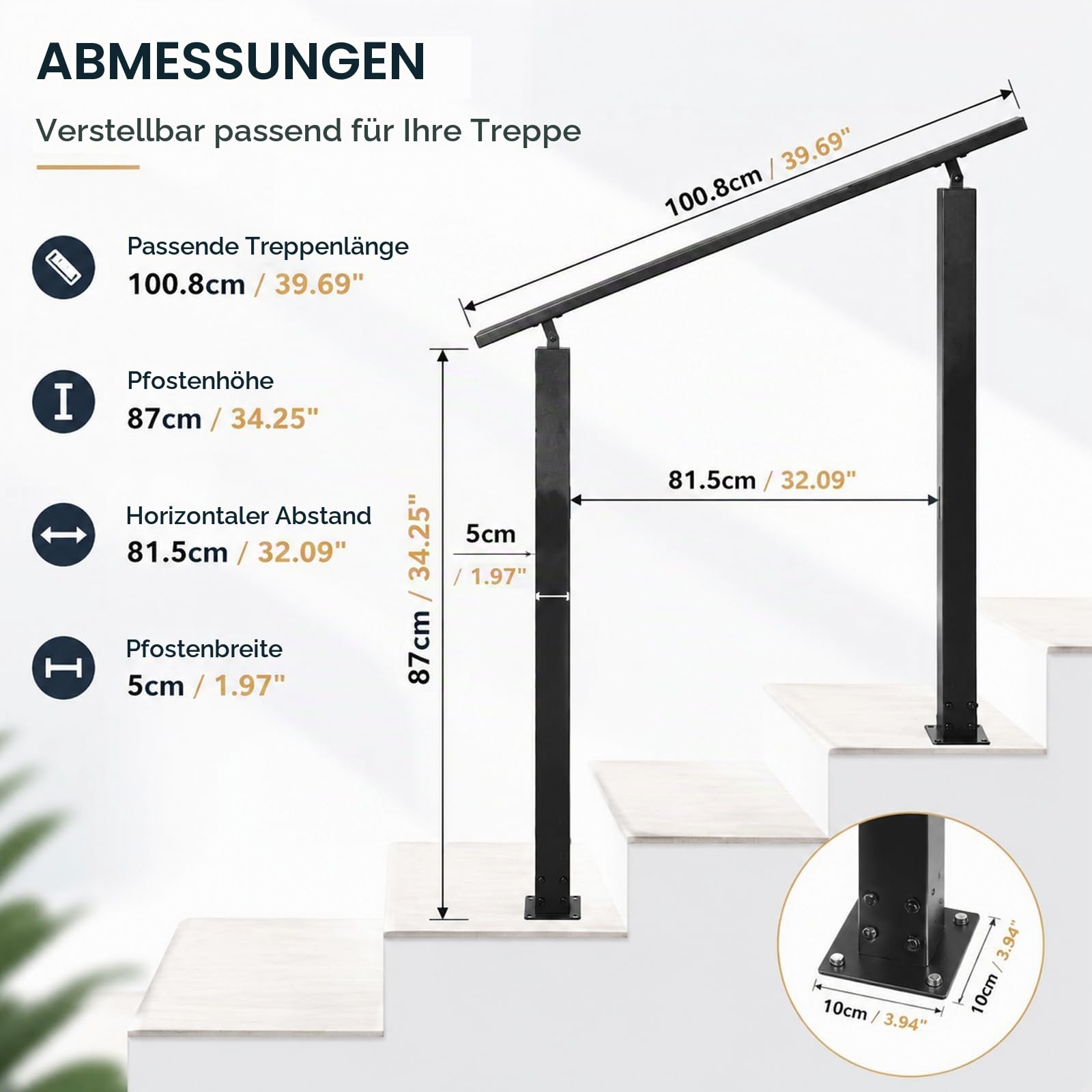 Treppengeländer Außen, Handlauf Schwarz, Winkelverstellbar, Geländer Treppe, Geländer außen, Metall Treppengeländer für Treppen Brüstung Balkon Veranda (Vertical mounting)