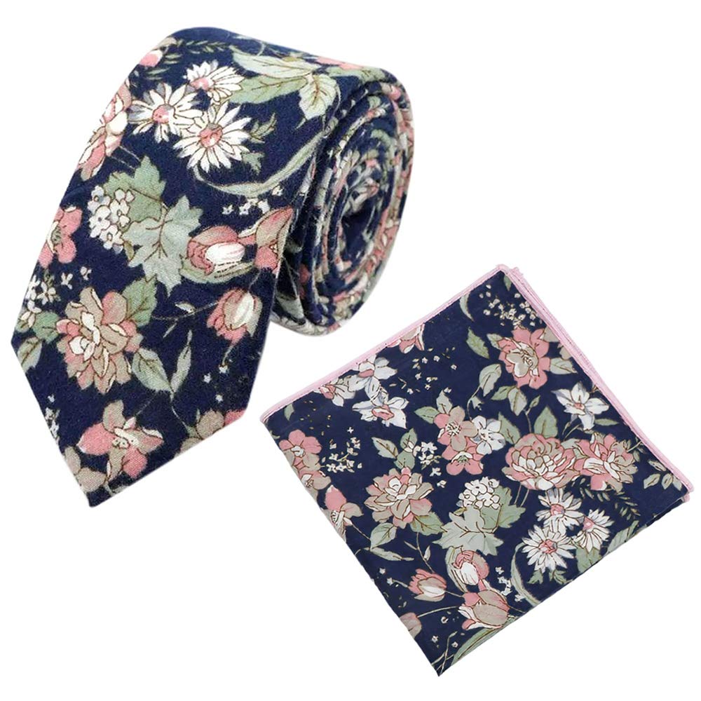 DB Dickie Bow Set da uomo con cravatta e tasca quadrata in cotone di lusso floreale, Blu & Rosa Floreale, Tie Length: 145cm. Pocket Square: 23cm x 23cm