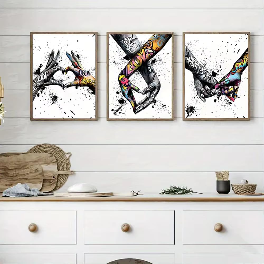 Hurcp Black/White/Gray Set Of 3 Canvas Poster Graffiti Holding Hands Love Heart Abstract Couple Wall Art Prints Gift Bedroom Living Room Dorm Gallery Corridor Decor Picture,A2 (42X60cm)