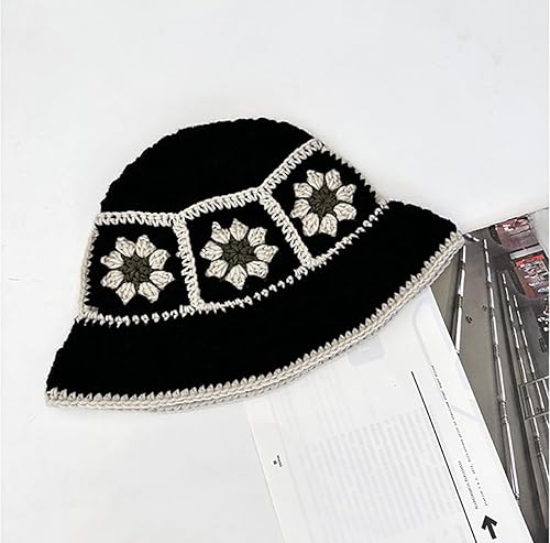 Miniatura 2 de Sombrero de pescador de ganchillo de punto de lana para mujer, gorro floral para otoño e invierno, cálido sombrero de empalme de moda para salida a