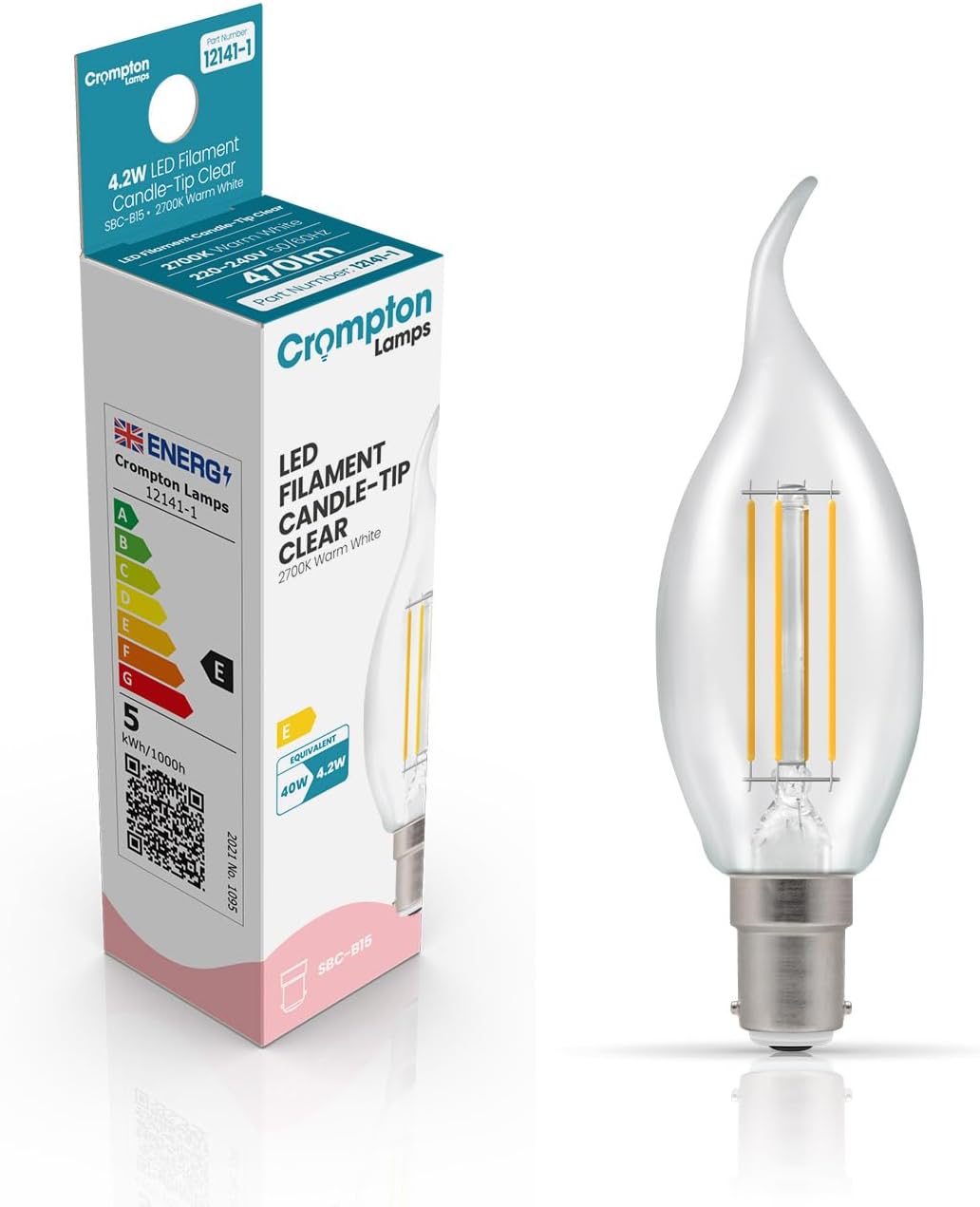 Bent-Tip Candle LED Light Bulb SBC-B15d | 4.2W = 40W Equivalent | Warm White 2700K | Flame Tip | Small Bayonet Lightbulb | Long Life 10,000-Hrs | Clear Glass | Dimmable