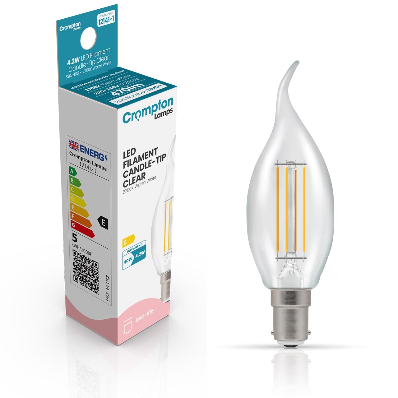 Crompton Lamps Bent-Tip Candle LED Light Bulb SBC-B15d | 4.2W = 40W Equivalent | Warm White 2700K | Flame Tip | Small Bayonet Lightbulb | Long Life 10,000-Hrs | Clear Glass | Dimmable