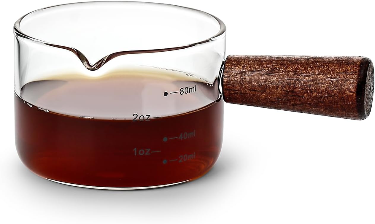 Espresso Shot Cups, 80ML Milk Frothing Pitcher Measuring Cups with V-Shaped Spout Wood Handle, Glass Creamer Pitcher Expresso Shots Cup with Scale (Transparent)