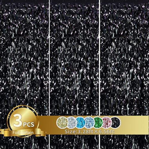 Image of TONIFUL 3Pcs Wavy Metallic Tinsel Foil Fringe Curtains Black Streamer Backdrop for Photo Booth Props,Party Door Wall Curtain,Bachelorette,Birthday,Halloween,80s 90s Grad Party Decor (9.9ft x 6.6ft)