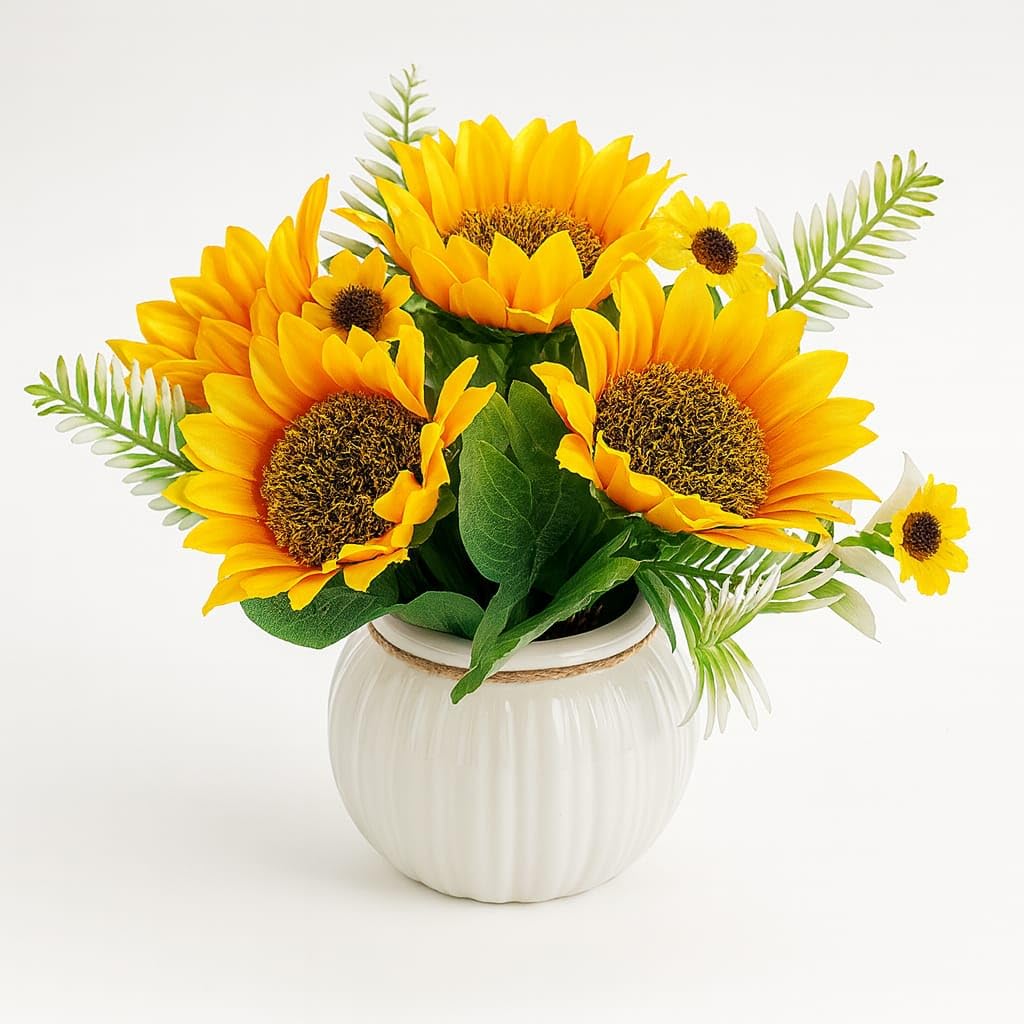 Artificial Sunflowers, Artificial Flowers with Ceramic Pot, Yellow Decorative Artificial Flowers Indoors for Home Office - Height : 17 CM (Pot Cover May Vary)-image-32
