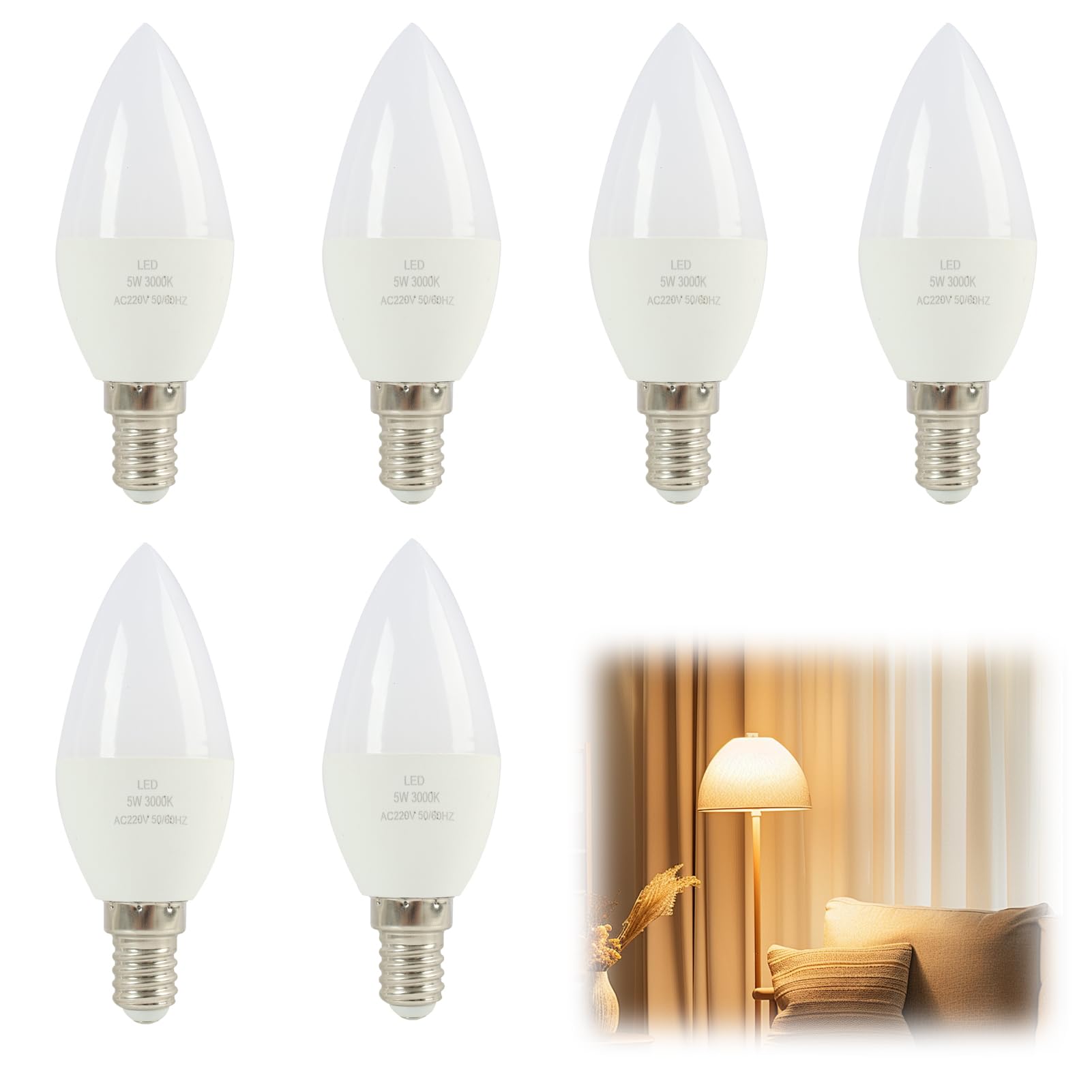 Dbaemu 6 Pack 5W E14 LED Bulb, E14 Small Edison Screw Light Bulbs Warm White 3000K SES Candle 40W Equivalent Filament Lamp Candle for Chandelier Ceiling Table Wall Decorative Indoor Lighting