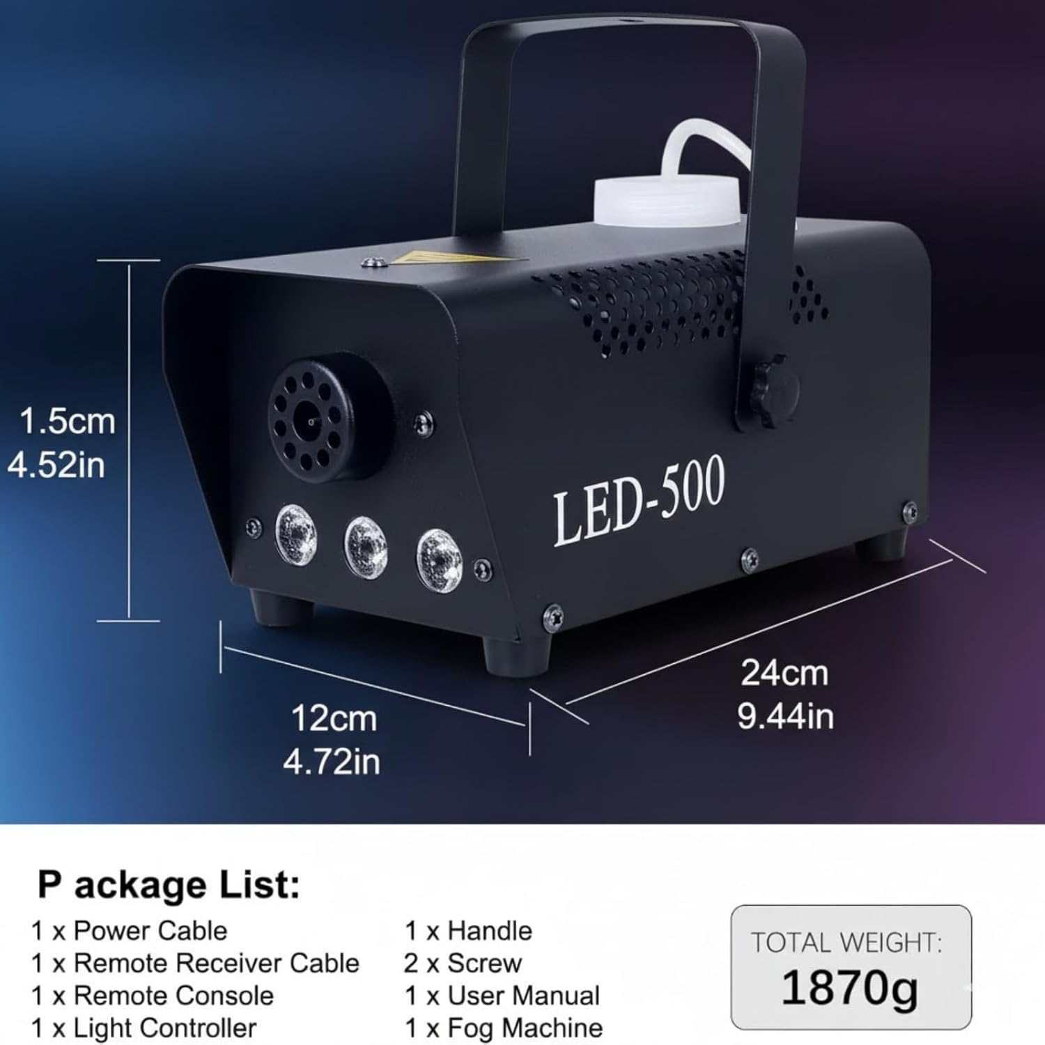 Nebbia Macchina del Fumo 500W con 3 LED RGB, Mini Portatile con 2 Telecomandi, Automatica, 300ml Serbatoio per Halloween Matrimonio DJ Feste Discoteca Palco (B)