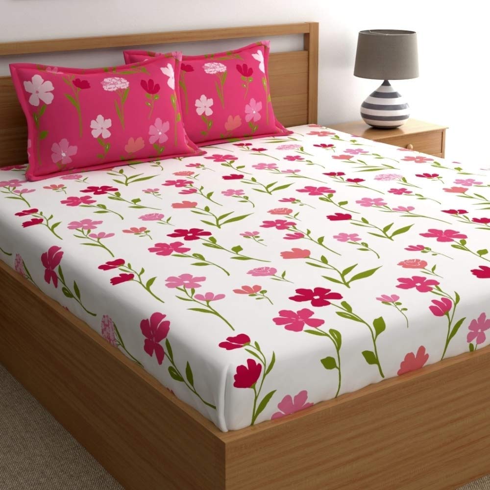 Dreamscape 100% Cotton Double Bedsheet with 2 Pillow Covers | 200 TC Floral Dark Pink for Double Bed (8.3ft X 9ft)