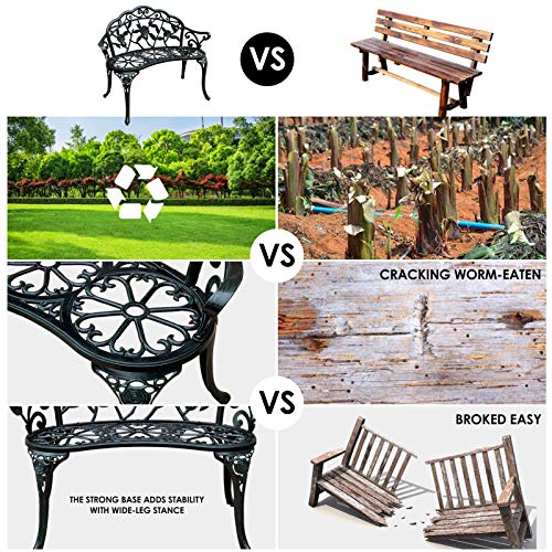 Outrora Garden Bench, Metal Park Bench Cast-Aluminum Outdoor Benches Front Porch Outdoor Furniture With Floral Rose For Patio, Park, Lawn, Yard（Verdigris） #TOP4