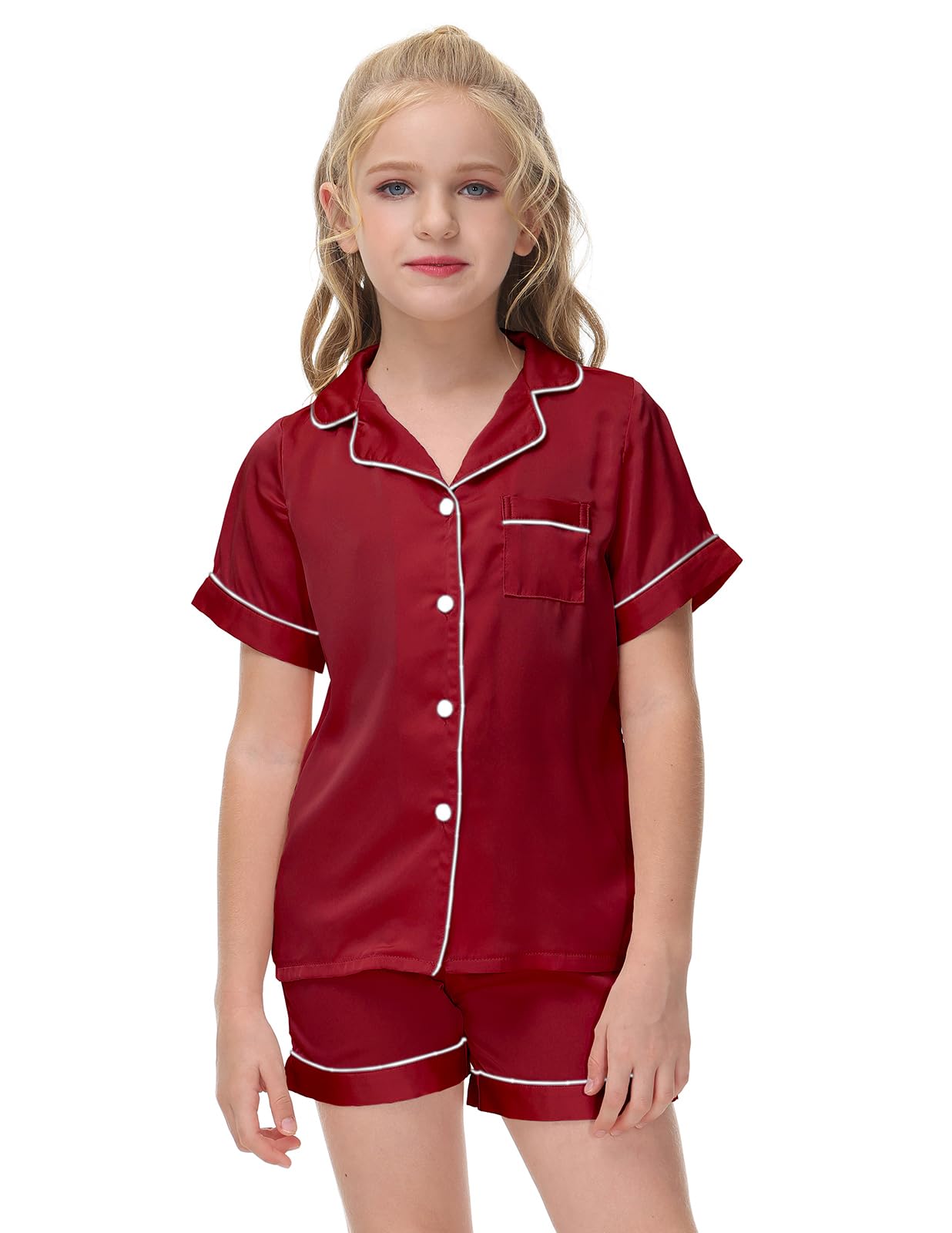 Veseacky Unisex Satin Pajamas Set Boys Girls Silk Pjs Short Sleeve 2 Piece Sleepwear Button-Down Kids Nightwear(4-13T)