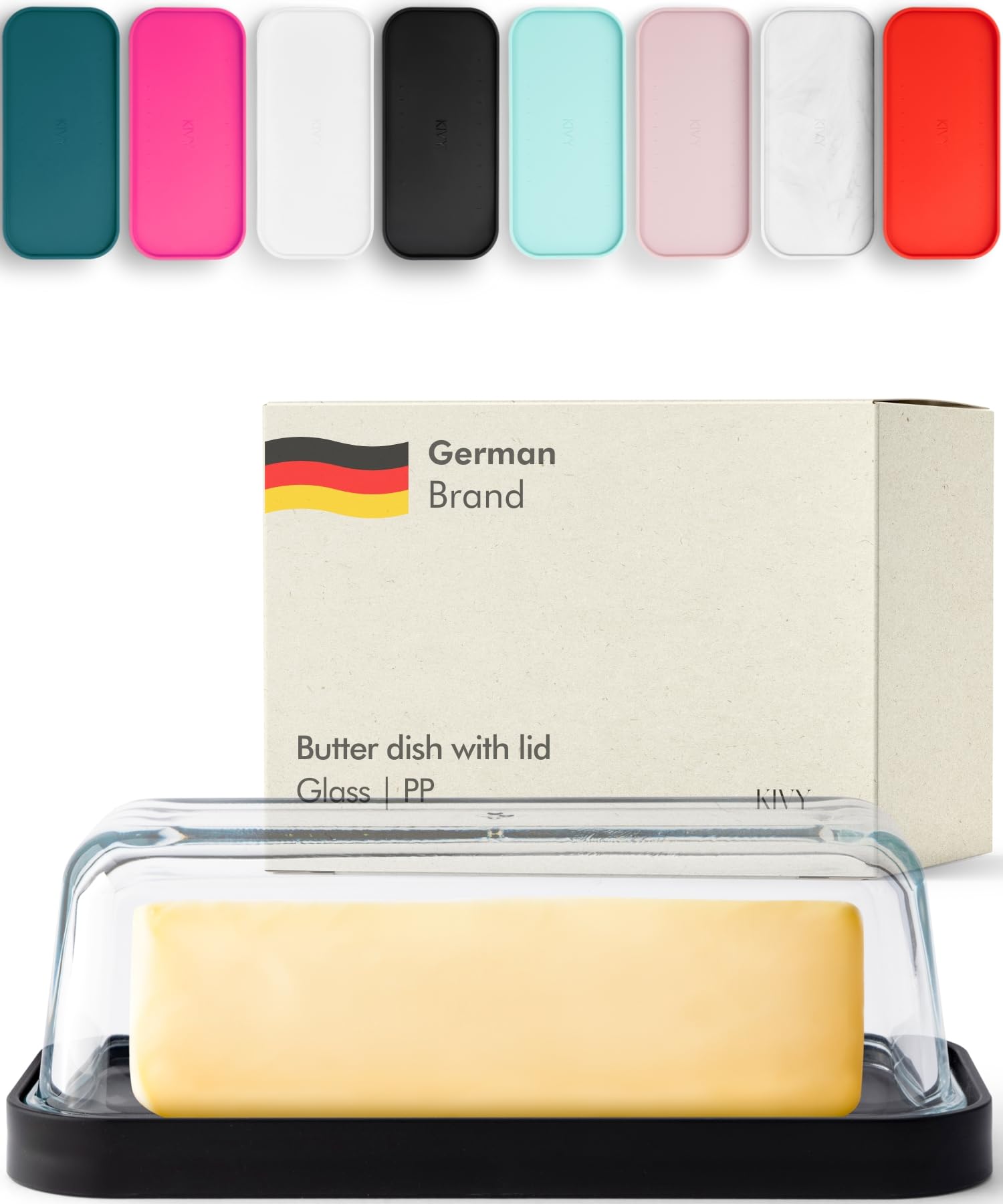 KIVY Glass Butter Dish with Airtight Lid - Keeps Butter Soft - Countertop & Refrigerator Door Shelf - Dishwasher Safe Black Butter Dish