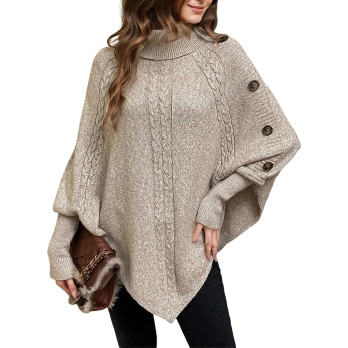 Womens Cable Ribbed Knit Batwing Sleeve Turtleneck Pullover Fall Winter Trendy Warm Shawl Poncho Sweaters