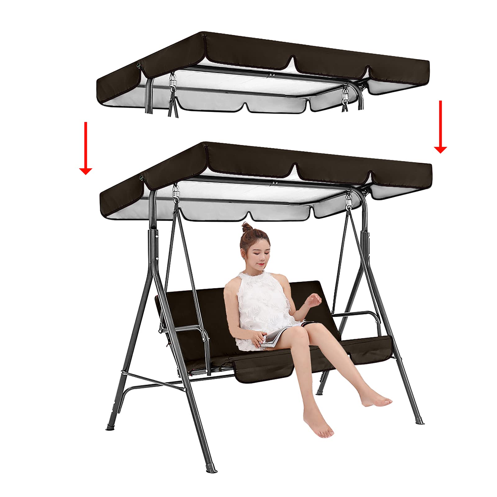 Columpio Jardín Tipo Balancín Toldo,Toldo en Tela Oxford ​Recubierta de Plata Impermeable 210D,2-3 Plazas Hamaca Terraza Techo Toldo Balcón,Negro,195x125x15cm/77x49x6''