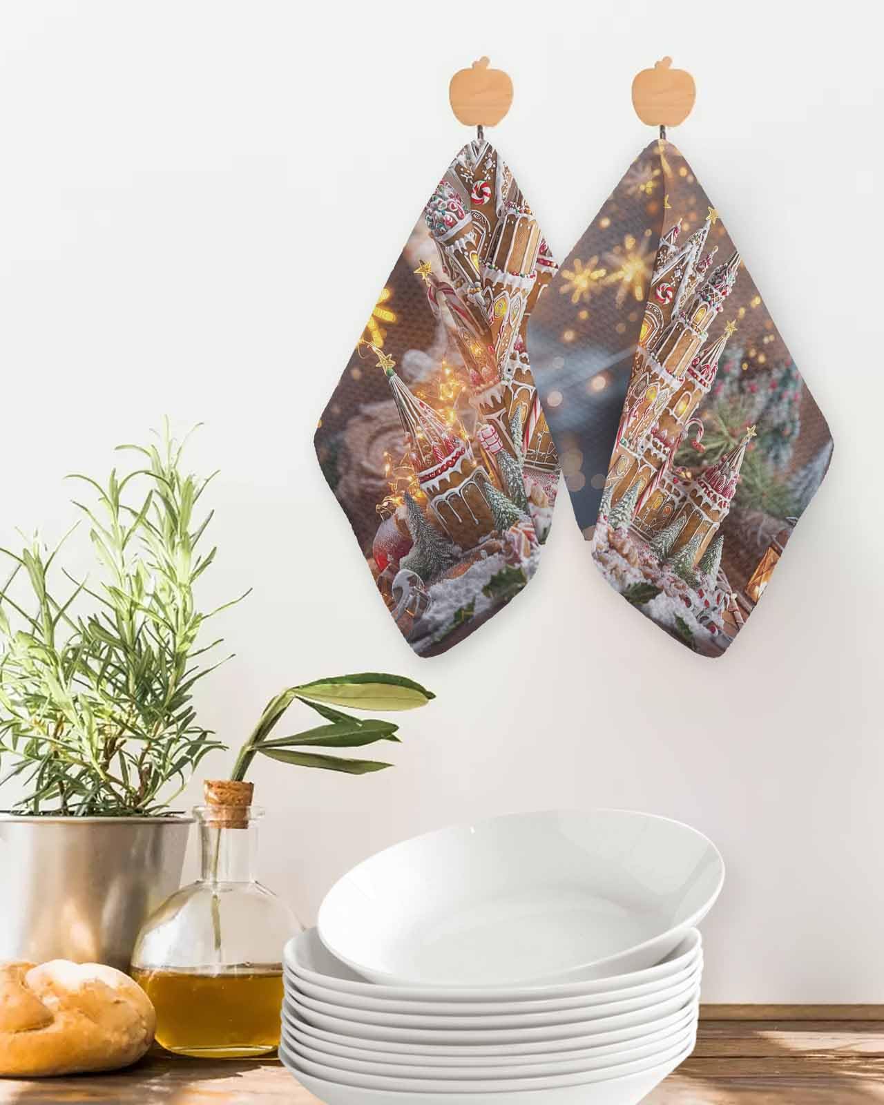 Hokiten Pink Blue Christmas Waffle Kitchen Towels Dishcloths, Xmas Balls Candy Castle Absorbent Dish Towels | Hand Towels for Bathroom/Bar, 12 x 12 Inch, 3 Pcs