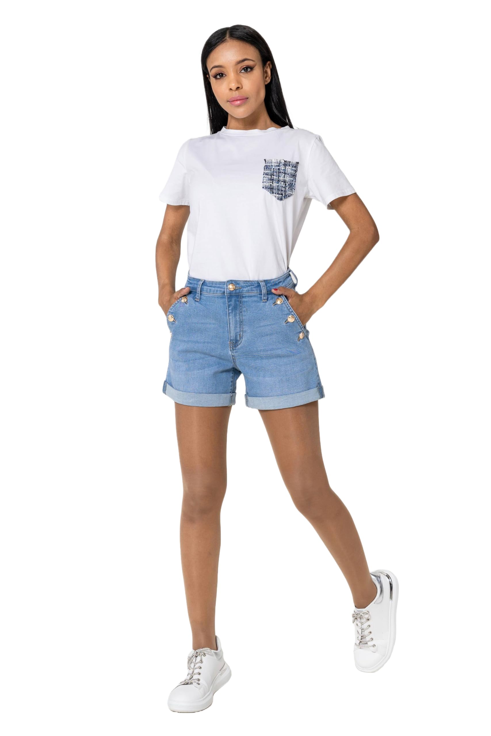 Nina Carter Pantaloncini da donna a vita alta, in jeans, look usato, eleganti pantaloncini estivi in denim