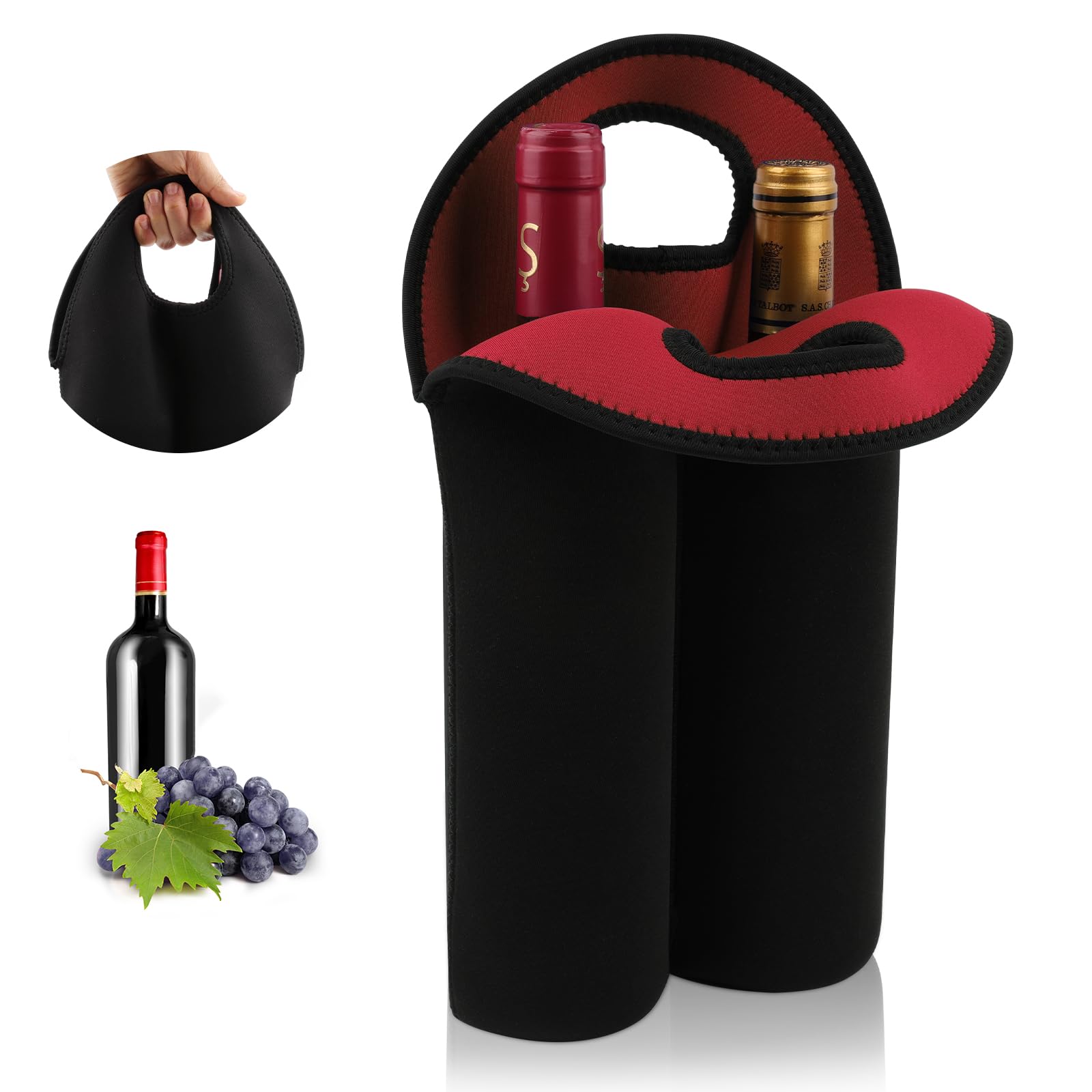 Desing Wish Double Slots Wine Carrier Tote Bag for 750ml Red/White Wine Bottles, Insulated Neoprene Wine Cooler Bag Wine Gift Bags for Gift/Picnic/