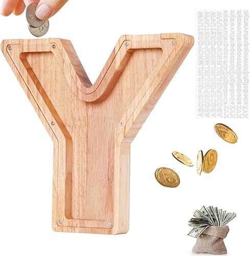 Miniatura 1 de Alcancía grande de madera, letras personalizadas para niños, banco de dinero de 9.1 pulgadas, caja de dinero grabada con texto, alcancía de madera,