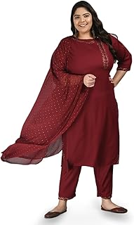 PrettyPlus by Desinoor.com Women Plus size Kurta Trousers set with Dupatta in Maroon color on Rayon fabric.