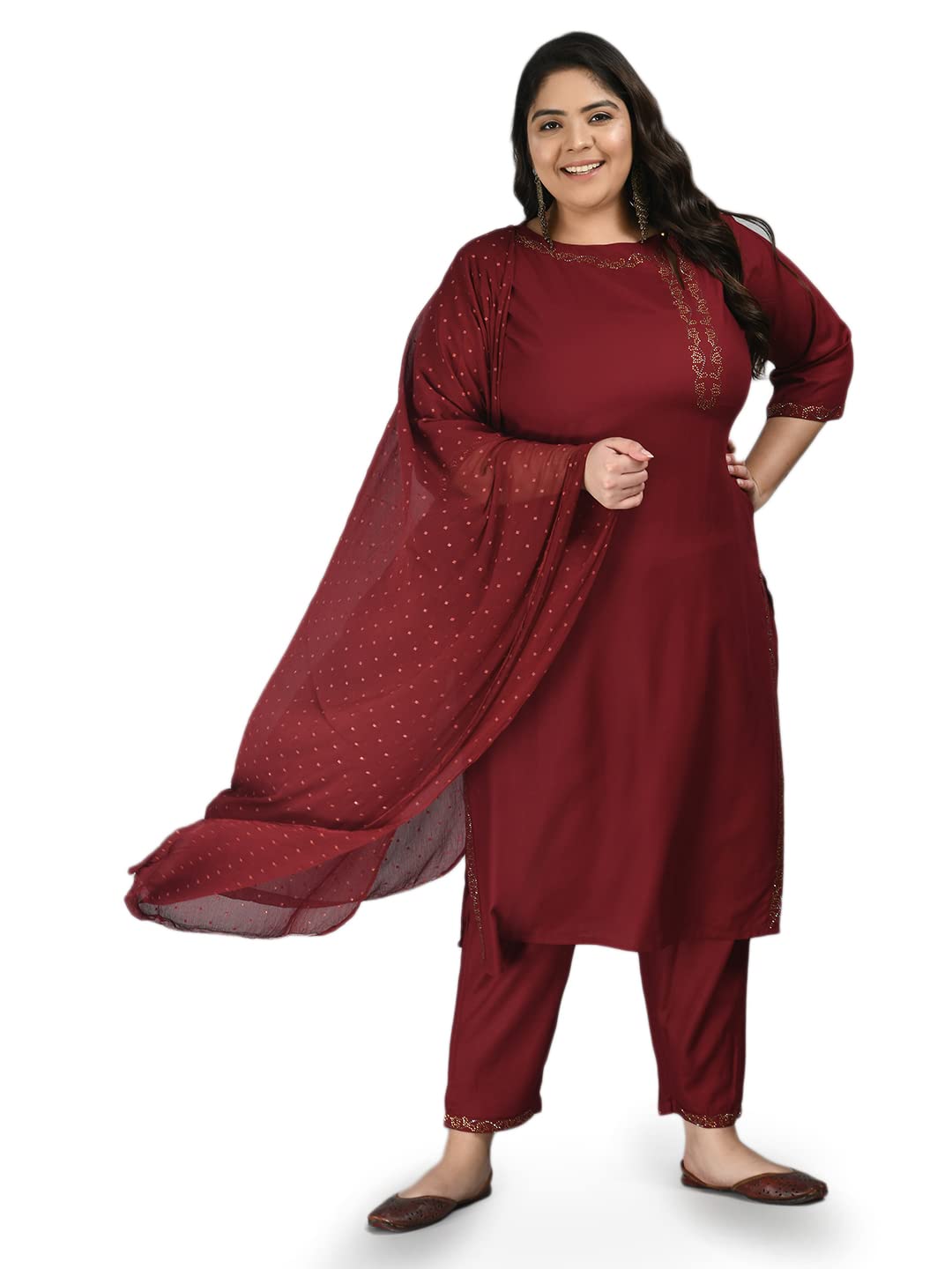 PrettyPlus by Desinoor.com Women Plus size Kurta Trousers set with Dupatta in Maroon color on Rayon fabric. - Review, Price and Buying Guide