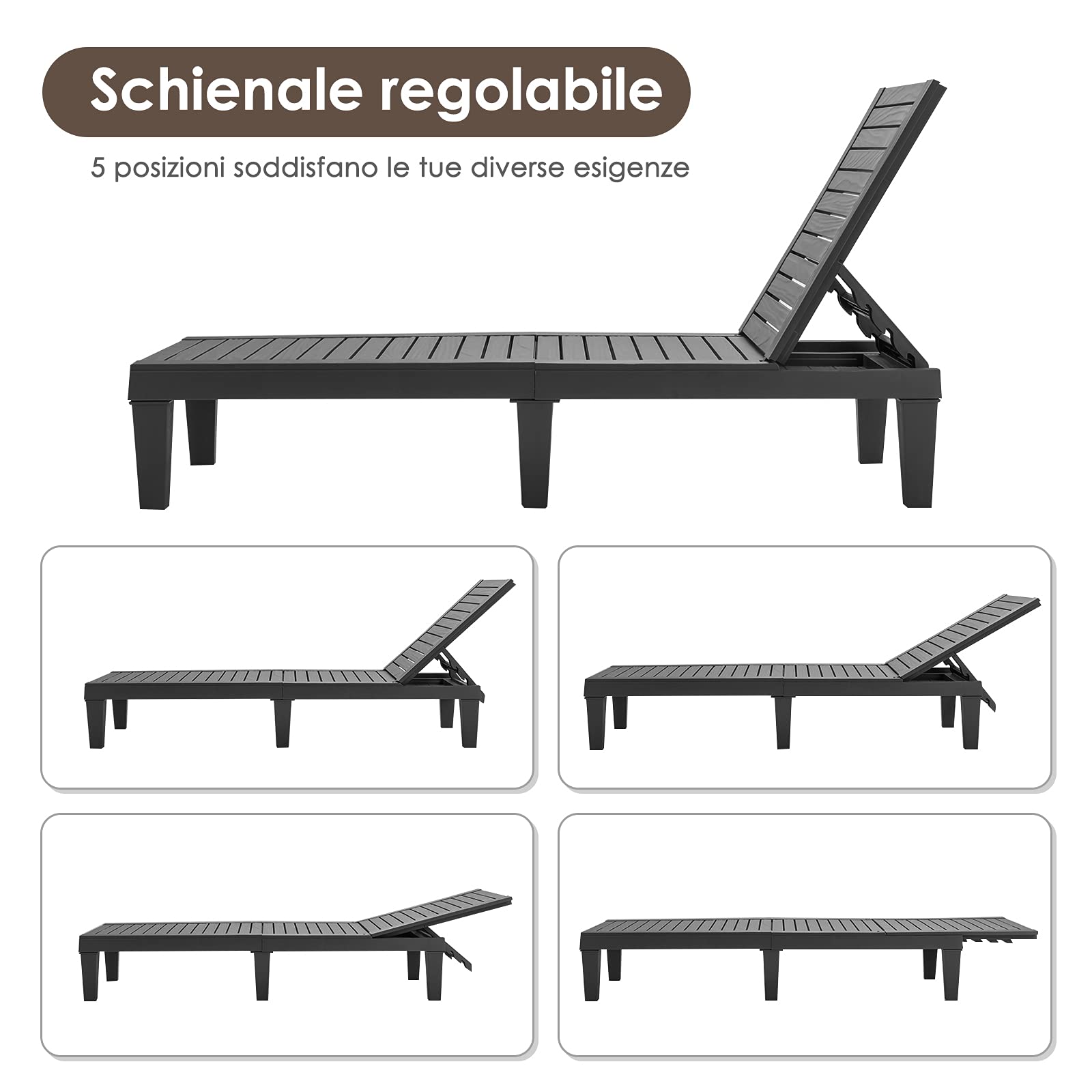 COSTWAY Lettino Prendisole da Giardino, Sdraio da Giardino Con Schienale Regolabile a 5 Livelli, Chaise Longue Impermeabili da Esterno, per Spiaggia Piscina Giardino, Portata 180 kg (1, Nero)