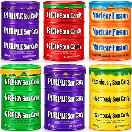 Image of Sour Candy Drum Sweets 42g – Chewy Assorted Sour Sweets Green, Yellow, Red & Purple Flavours – Tangy Fruity Candy Pack for Parties, Sharing & Gifts - Txwt (6 x Drum, Random Mixed)