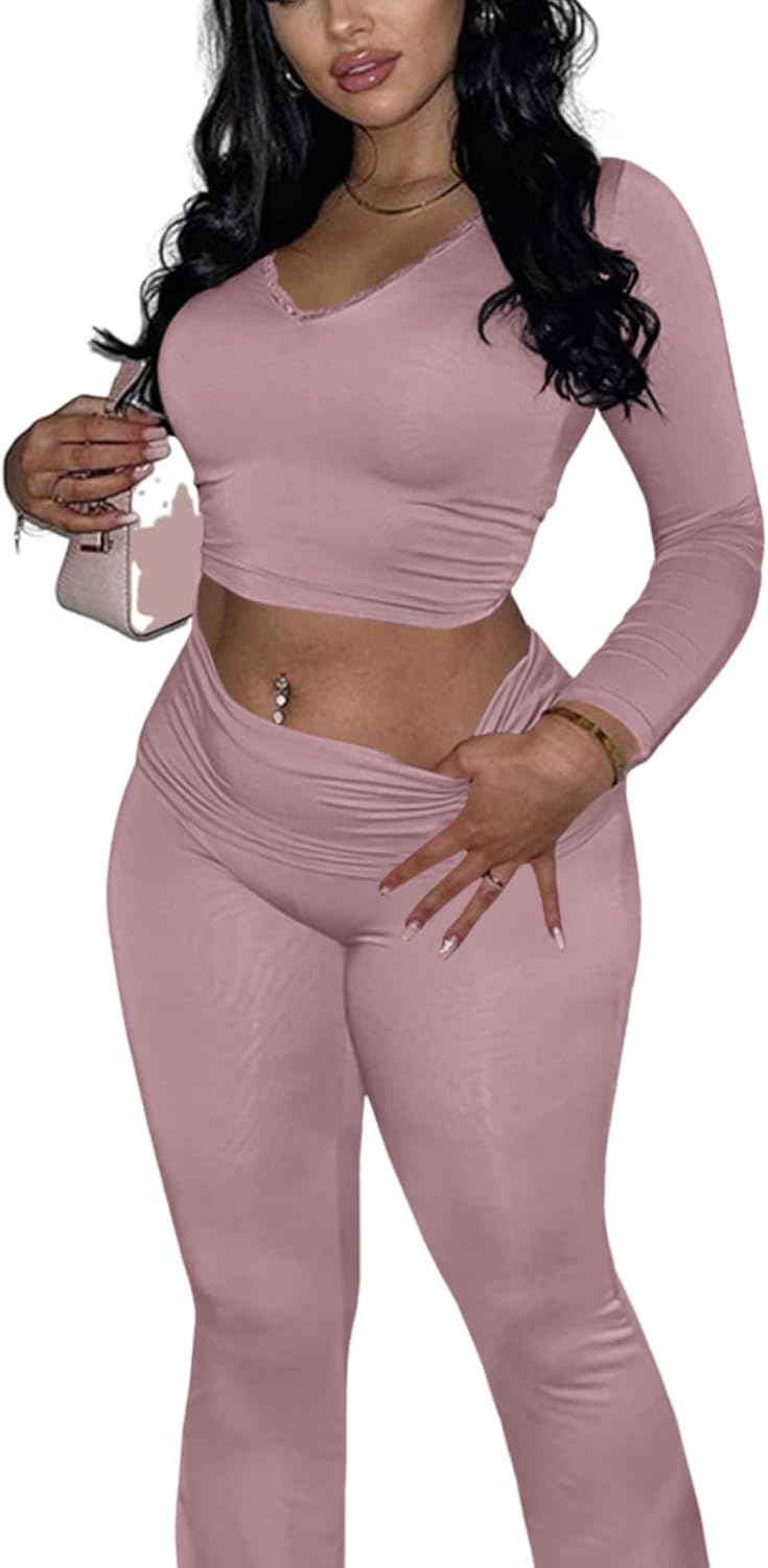 Women 2 Piece Lounge Set Contrast Lace V Neck Long Sleeve Crop Top Fold Over Flare Yoga Pants Tracksuit Casual Outfits