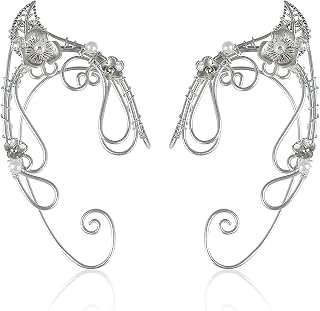 Elven Ear Cuffs for Women, Handmade Elf Fairy Earrings Cuff Wrap Clip-on Filigree Earrings for Fantasy Fairy Halloween Costume, Cosplay, Wedding, Handcraft (Silver)