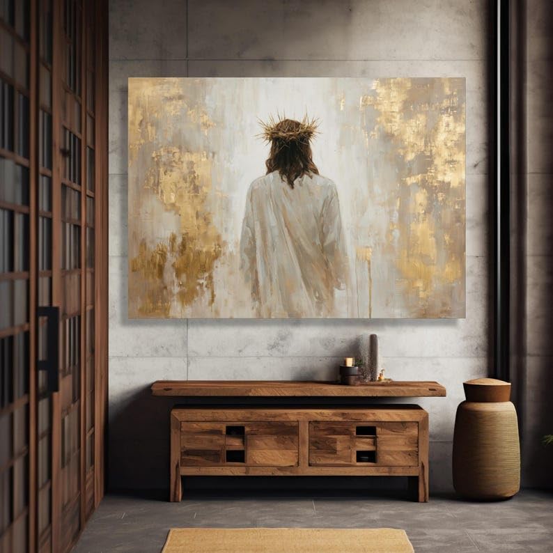 Tableau abstrait doré Jésus sur toile chrétienne 50x70 cm - 4