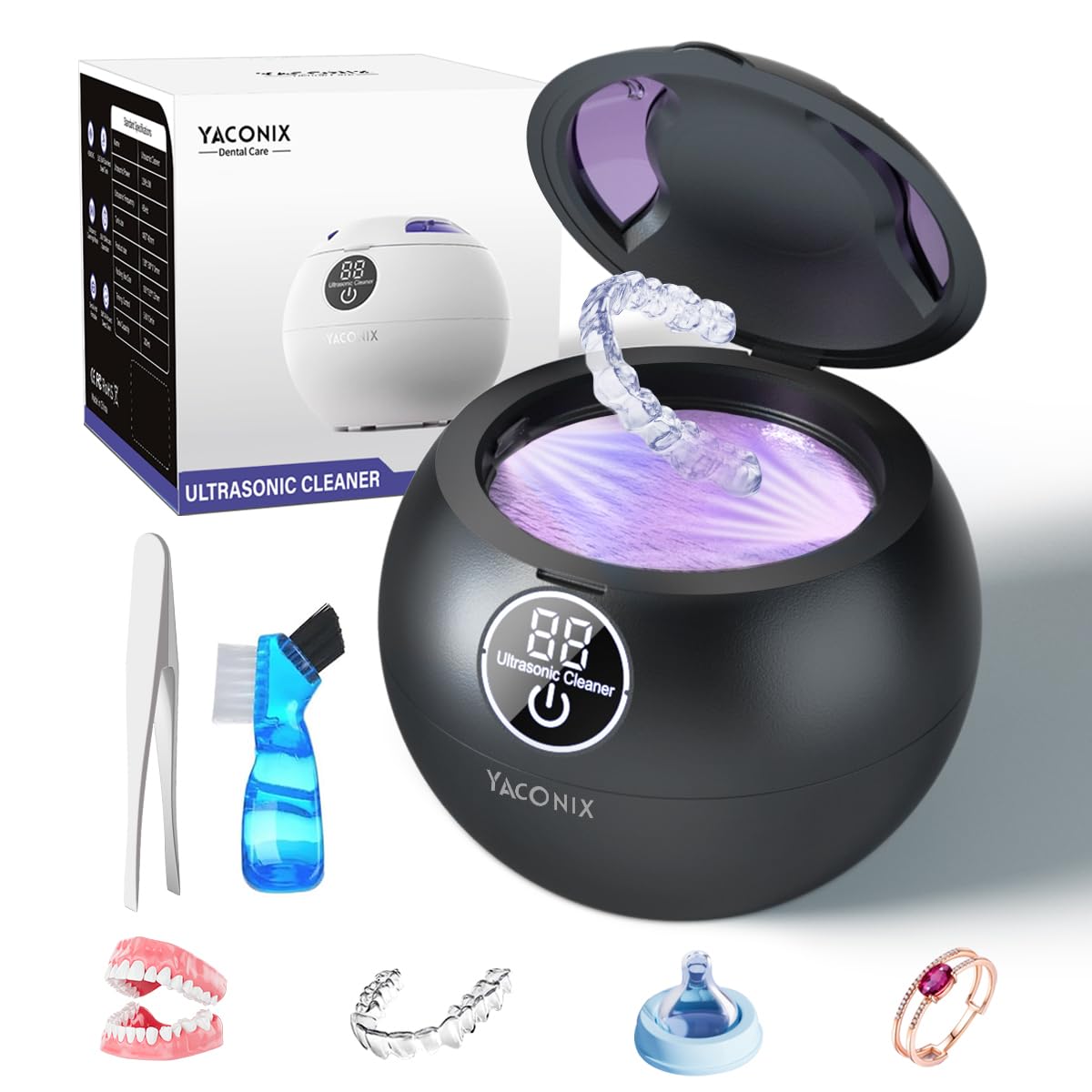 Nettoyeur de retenue dentaire à ultrasons 45 kHz avec 3 modes et minuteur numérique pour le nettoyage des prothèses, garde de nuit, aligneur, appareil dentaire, brosse à dents, bijoux noir