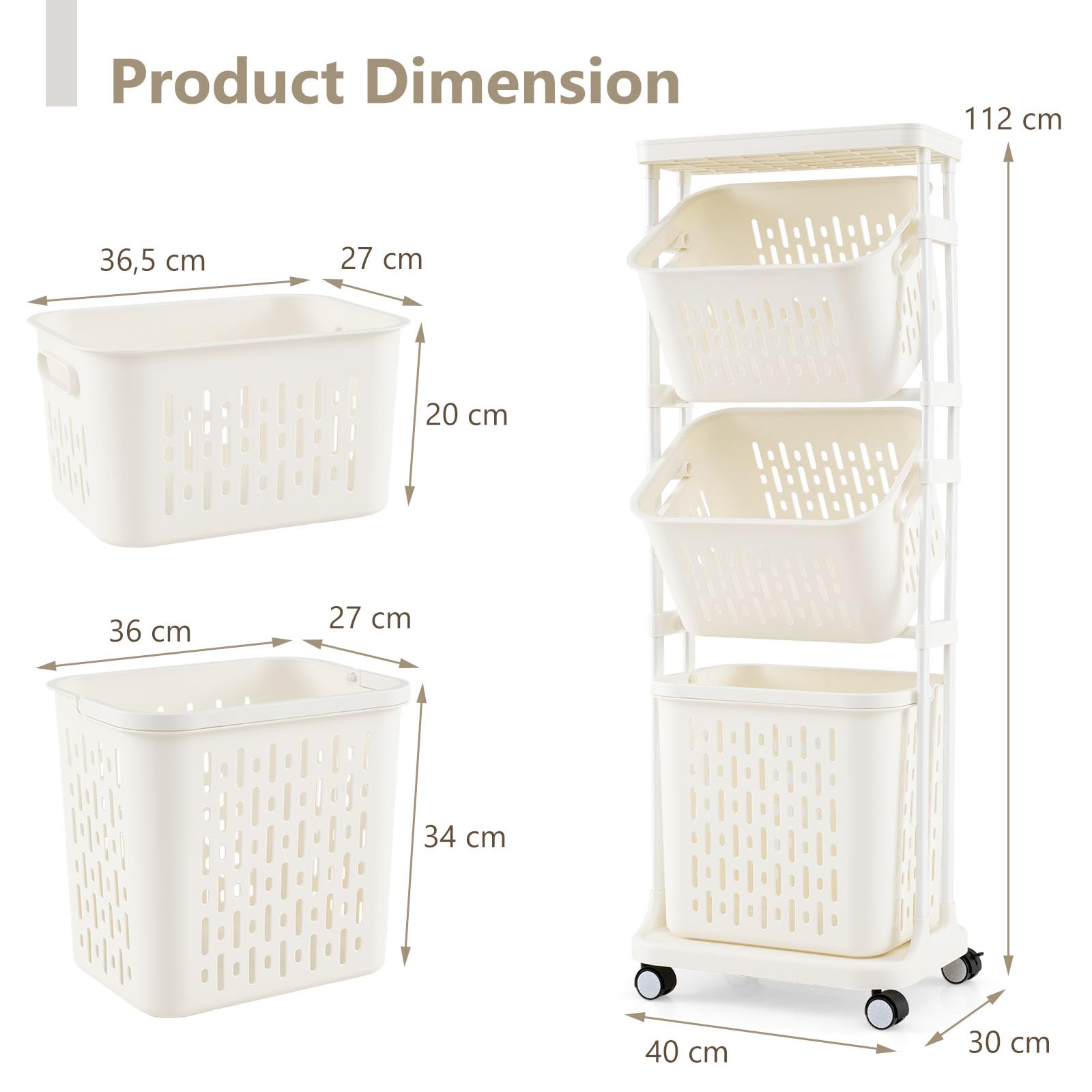 LIFEZEAL Cesto Portabiancheria, con Routi, Portabiancheria Sporca, 3 Scomparti, Cesto Biancheria Sporca, con Manici e Ripiano, Carrello Portabiancheria, Laundry Basket, carrellino in Plastica, Bianco