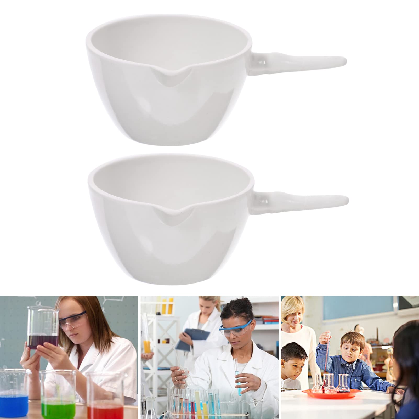ULTECHNOVO Verdampfungsschalen zum Verdampfen von Flüssigkeiten 2 Stück aus Keramik mit Griff und Ausguss 70ml Volumen Weiß für Labor und Unterricht