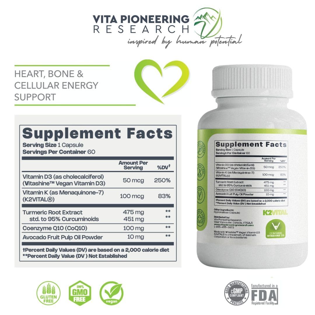 5-in-1 Vitamin D3 2000IU + K2Vital Vitamin K2 with Turmeric and COQ10 - with Avocado Powder for Enhanced Absorption - Heart, Bone, Cellular Health Support — Amazon image 2