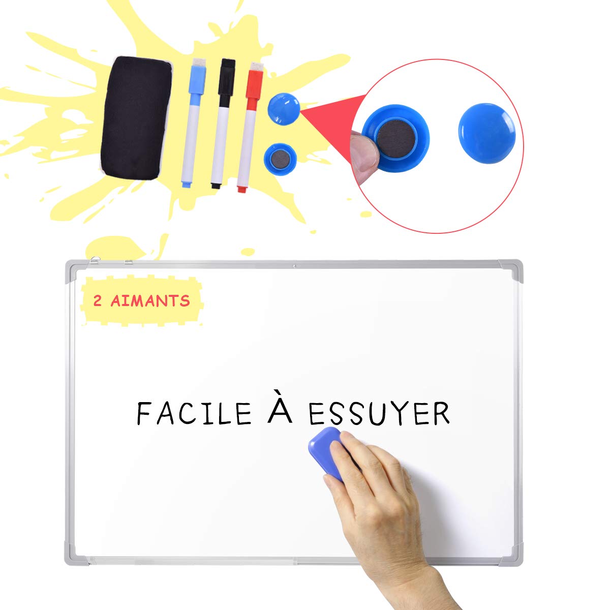 GOPLUS Tableau Blanc Effacable 60 x 40 CM avec Plateau Amovible, Tableau Magnetique Murale, Cadre en Aluminium, Incluant 2 Crochets, 3 Marqueurs, 2 Aimants, 1 Gomme, Idéal pour Bureau, École, Maison