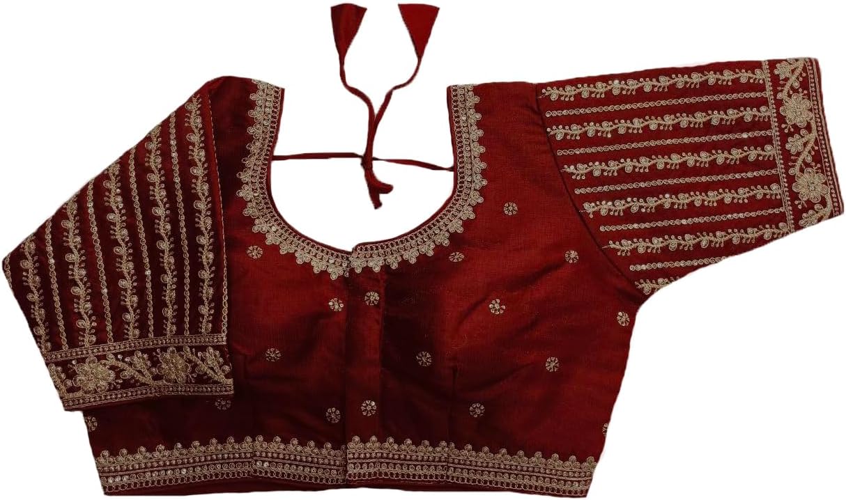 Pujia Mills Women's Readymade Blouse Embroidery Multi Coding Gold Thread Indian Ethnic Designer Stitched Readymade Saree Half Sleeve Blouse for Women for Saree Lehenga Choli