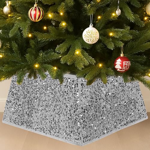 Festive Fix Silver Sequin Christmas Tree Skirt Luxury 4-Panel Foldable Xmas Tree Base Cover for Artificial & Real Trees Elegant Silver Christmas Tree Skirt & Stand Bottom Cover for Festive Decor