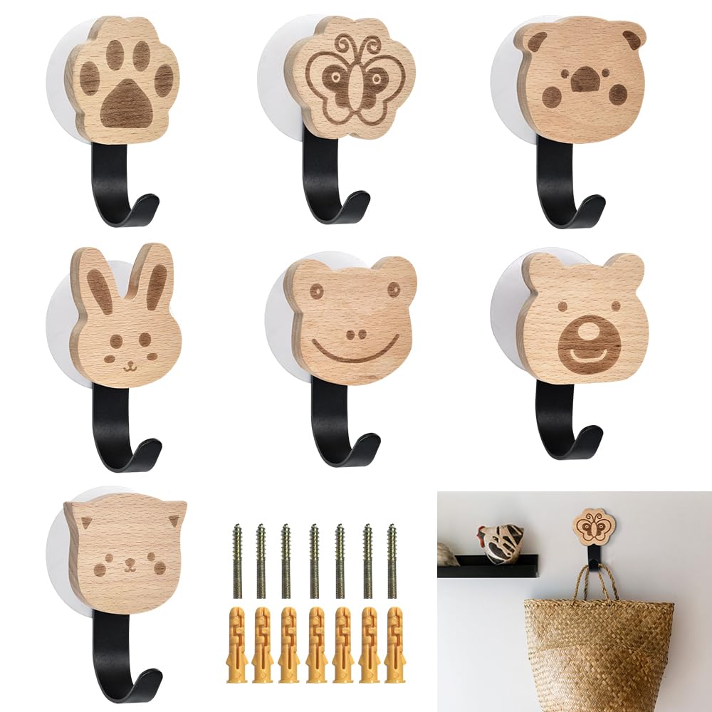 7 Ganchos de Pared para Infantil de Madera, Gancho de Pared Autoadhesivo Infantil con Forma de Animal, Perchero Infantil, Colgador de Pared, Colgador de Pared de Madera para Habitación, Baño