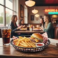 Vista 2 de Cesta redonda de comida rápida de 8 pulgadas, de plástico negro, juego de 12 - Freír comida rápida reutilizable servicio de alimentos Restaurante