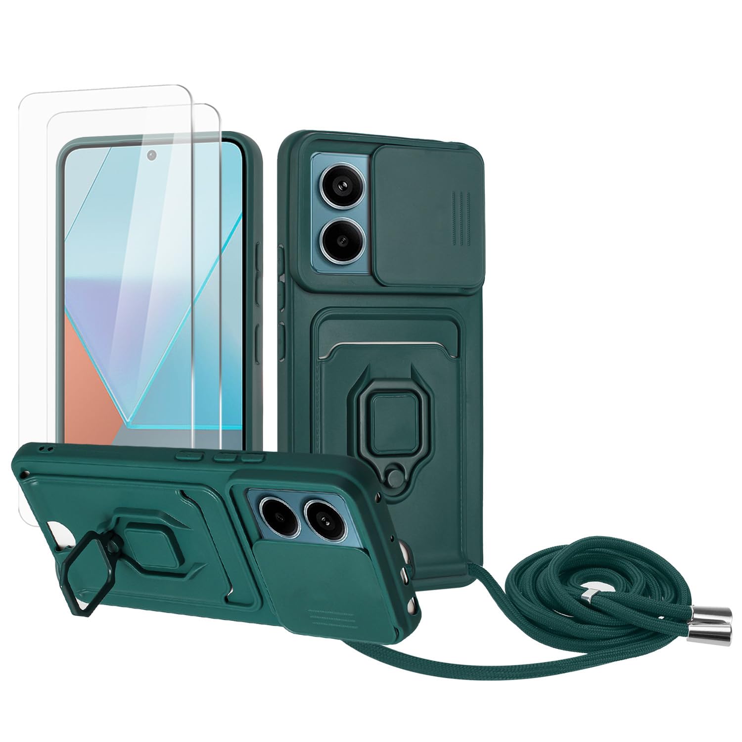 Zallagre Funda con Cuerda Compatible con Redmi Note 13 Pro 5G,[2 Packs Cristal Templado],Ranura para Tarjetas,Cubierta de Cámara Deslizante Proteger,360 Anillo Soporte-Morado — view 92